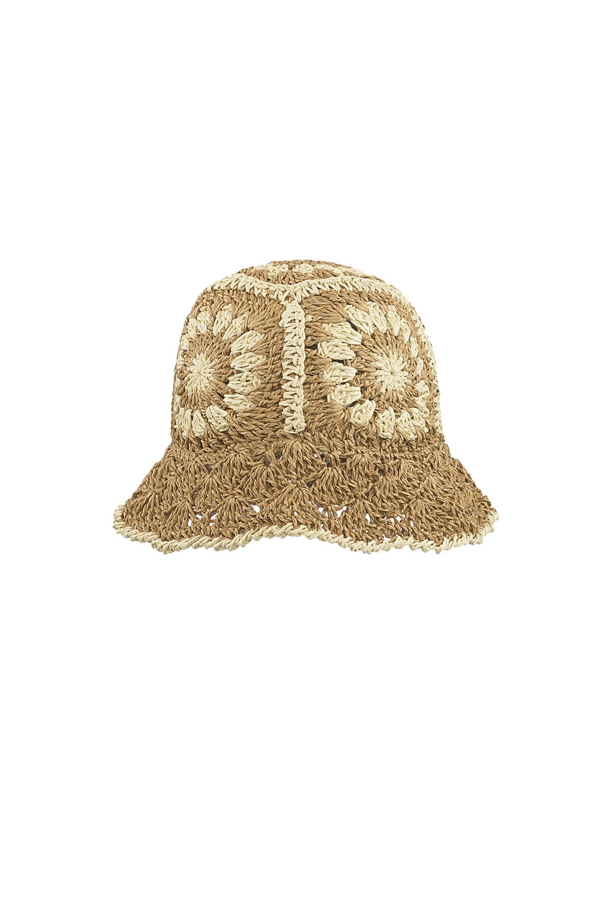 Crochet hat with flowers - camel 