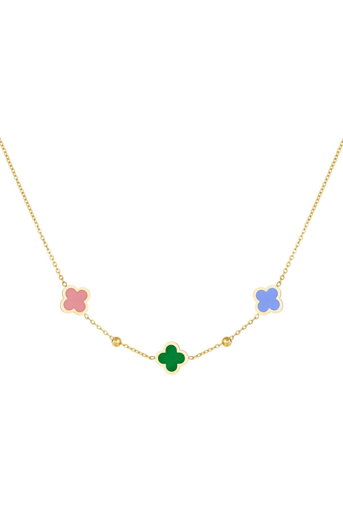 Necklace 3 clovers and small balls Green & Gold Stainless Steel h5 