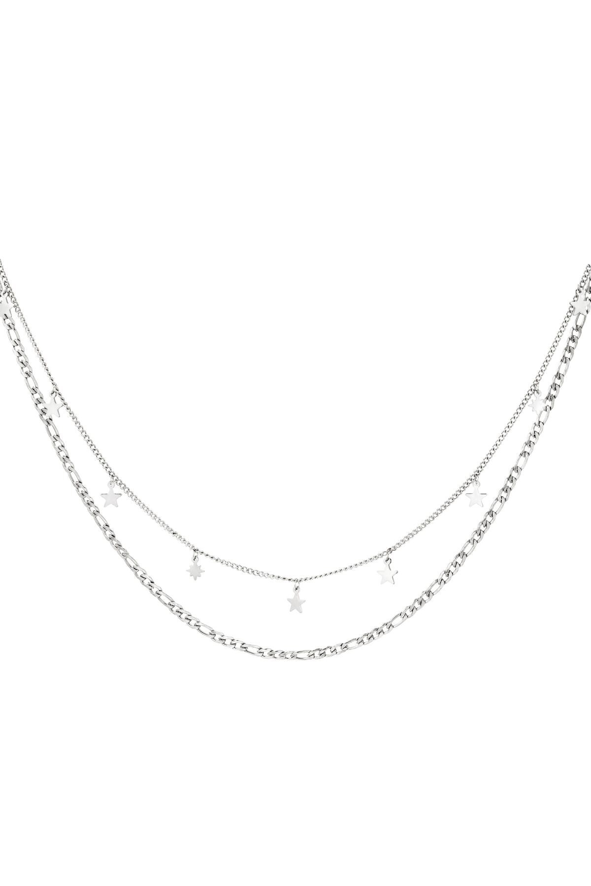 Silver color / Double Chain Stainless Steel Necklace with Stars Silver 