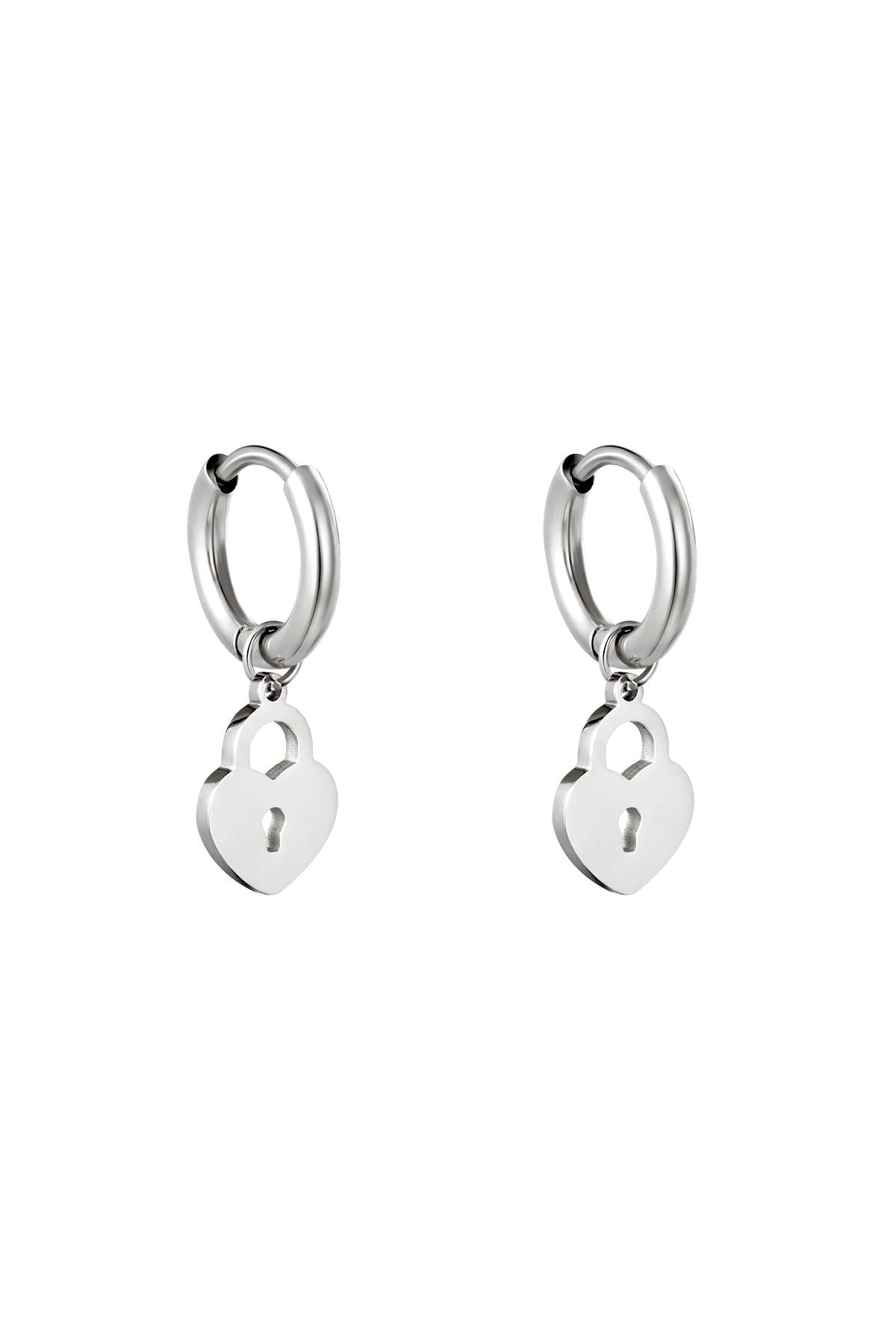 Earrings Locked Heart Silver Stainless Steel 