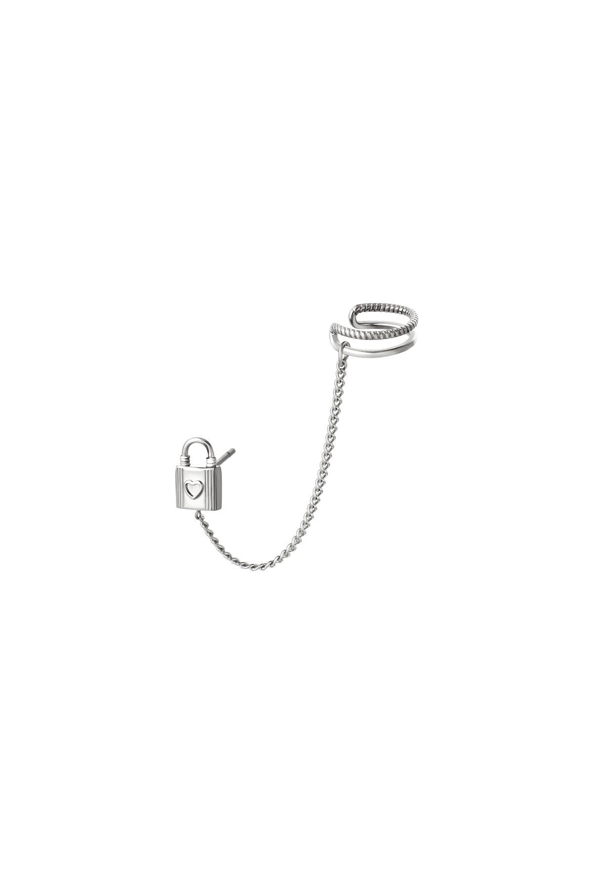 Lock-shaped ear stud with earcuff Silver Stainless Steel h5 