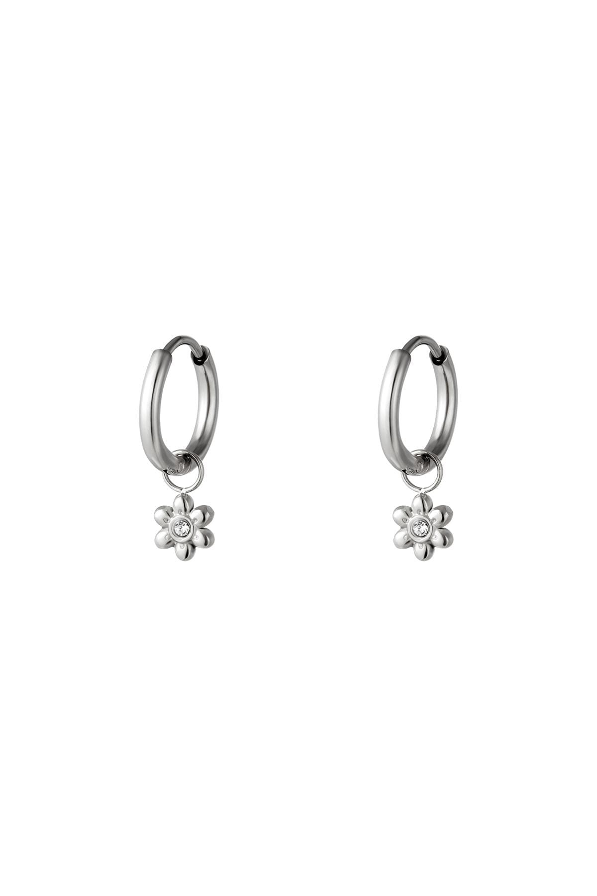 Little hoops with flower Silver Color Stainless Steel h5 