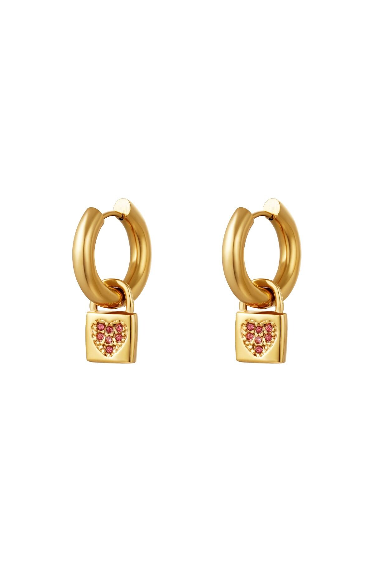 Heart lock earrings Pink & Gold Stainless Steel h5 