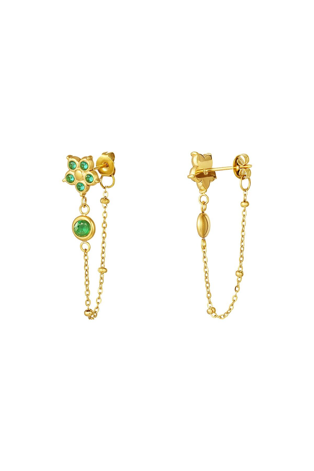 Zircon flower pendant earrings Green & Gold Stainless Steel 