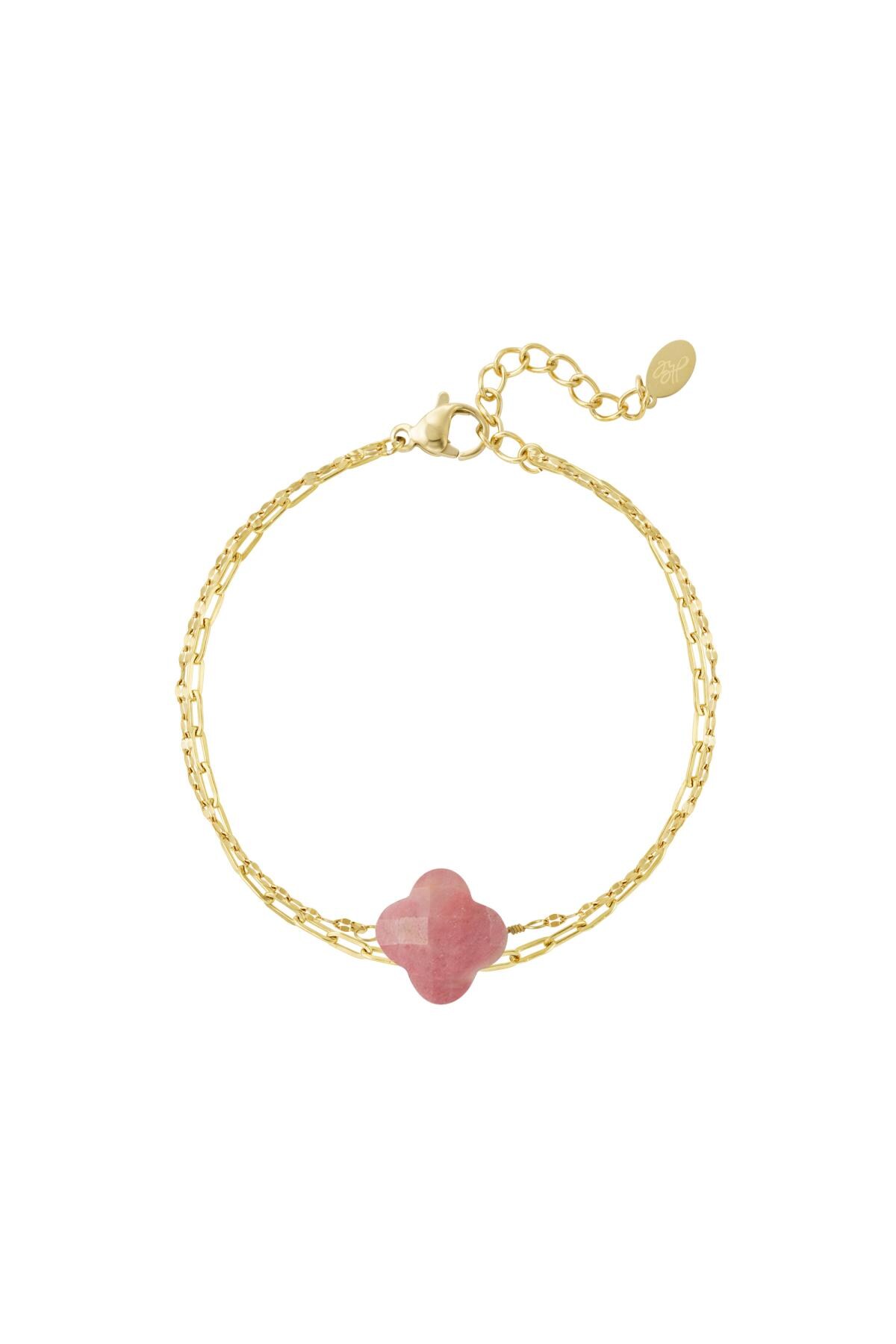 Double bracelet with clover - Natural stones collection Pink & Gold Stainless Steel 