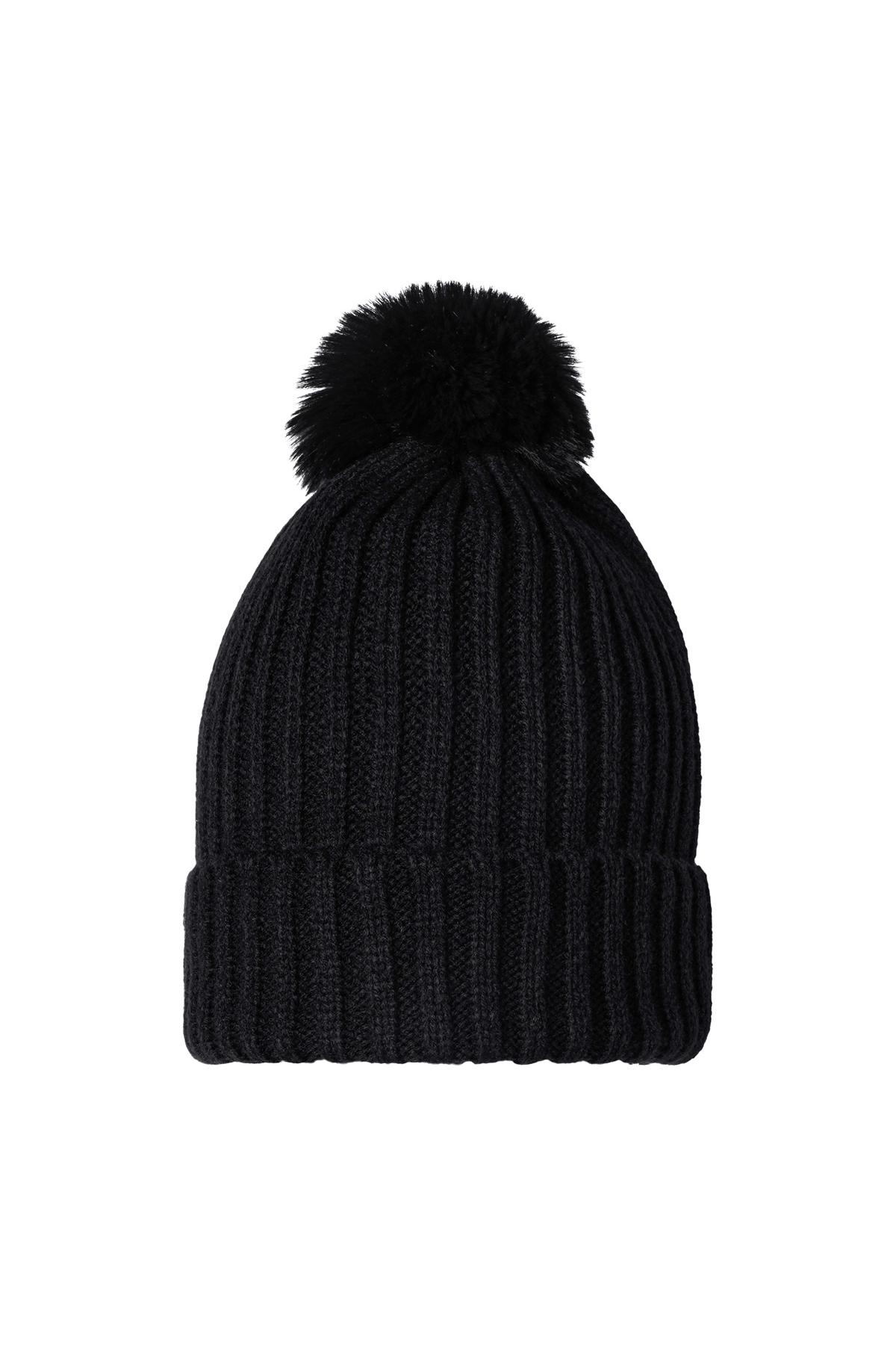 Beanie Furry Pompon Black Acrylic 