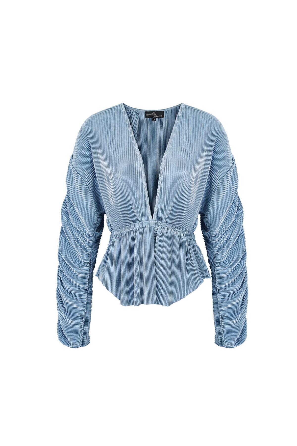 Blouse with rib structure and pleated sleeves Blue M h5 