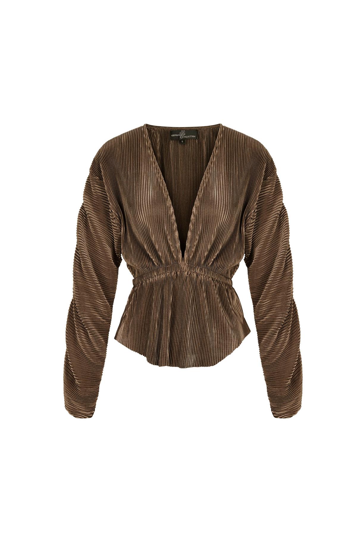 Blouse with rib structure and pleated sleeves Brown S h5 