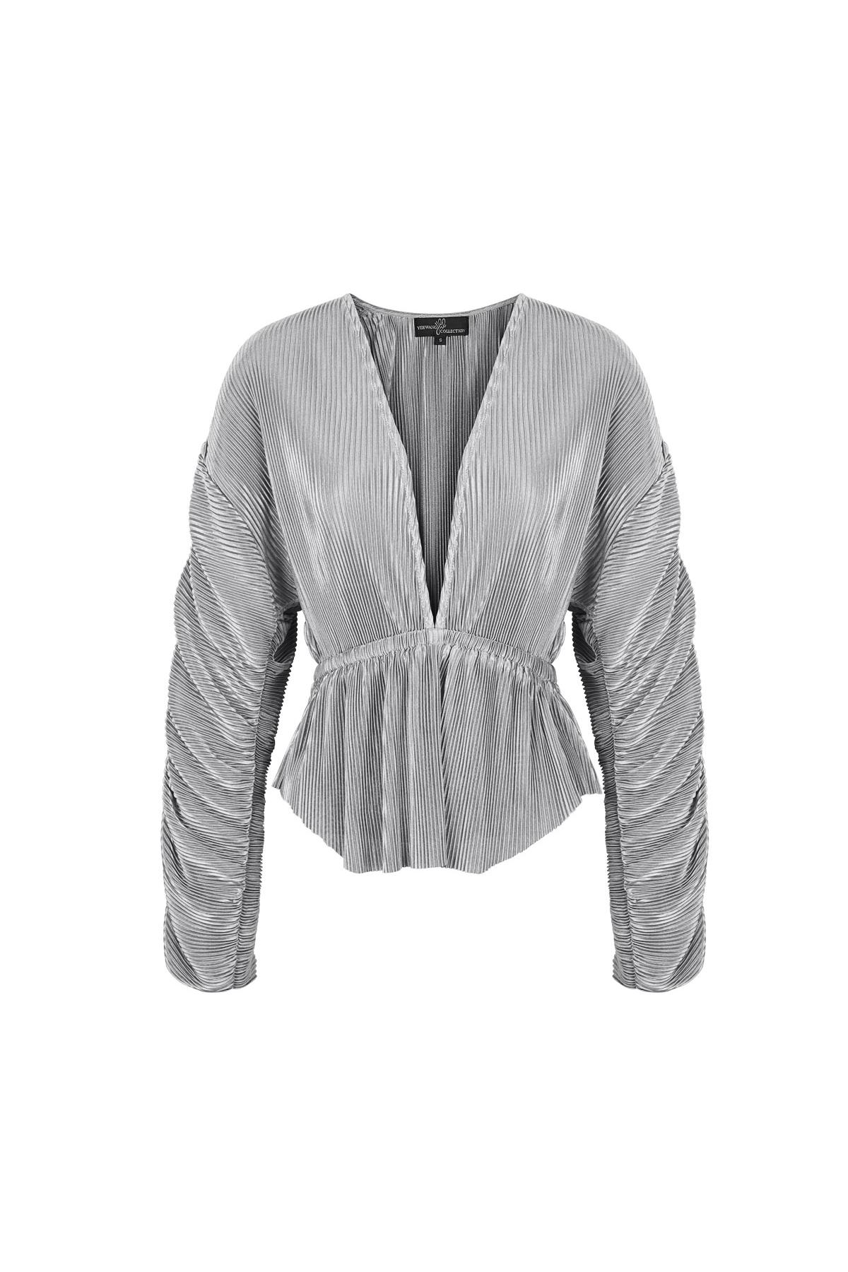 Blouse with rib structure and pleated sleeves Grey L h5 